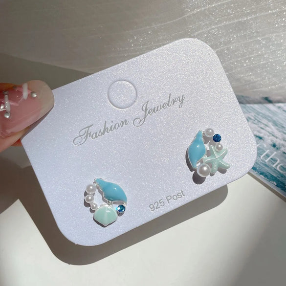 1 Pair Marine Style Sweet Starfish Shell Fish Tail Alloy Resin Drop Earrings Ear Studs