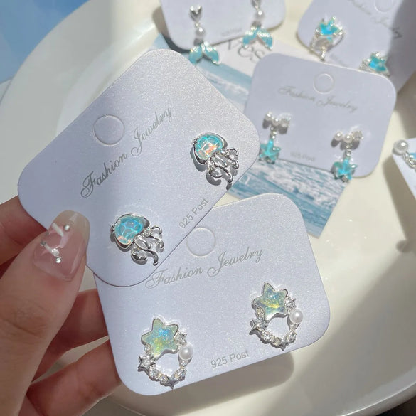 1 Pair Marine Style Sweet Starfish Shell Fish Tail Alloy Resin Drop Earrings Ear Studs