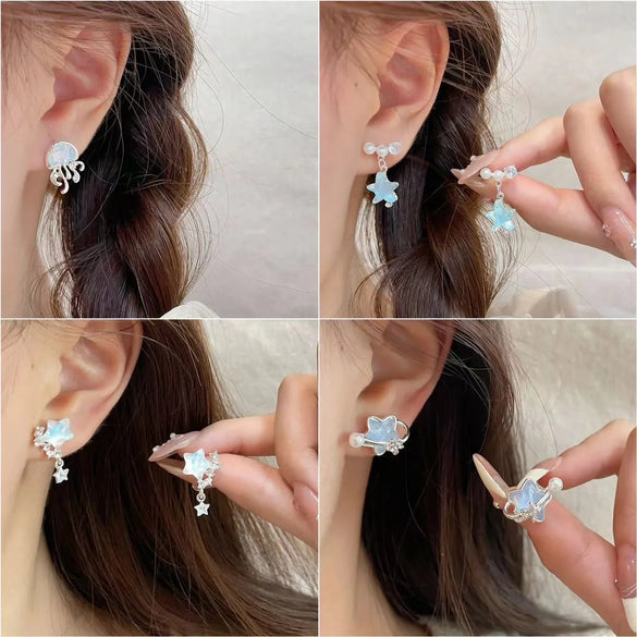 1 Pair Marine Style Sweet Starfish Shell Fish Tail Alloy Resin Drop Earrings Ear Studs