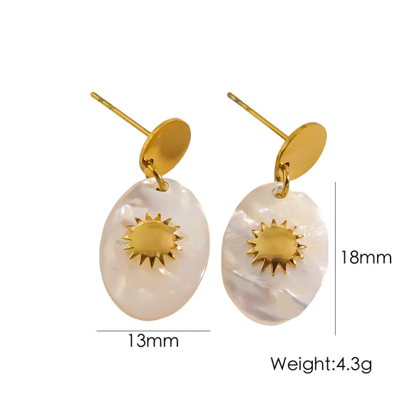 1 Pair Nordic Style Vintage Style French Style Sun Plating Inlay 304 Stainless Steel Natural Stone Shell 14K Gold Plated Drop Earrings