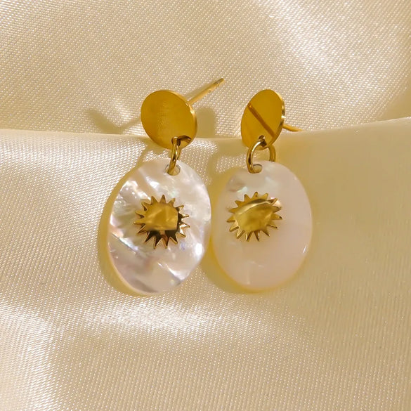 1 Pair Nordic Style Vintage Style French Style Sun Plating Inlay 304 Stainless Steel Natural Stone Shell 14K Gold Plated Drop Earrings