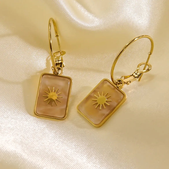 1 Pair Nordic Style Vintage Style French Style Sun Plating Inlay 304 Stainless Steel Natural Stone Shell 14K Gold Plated Drop Earrings