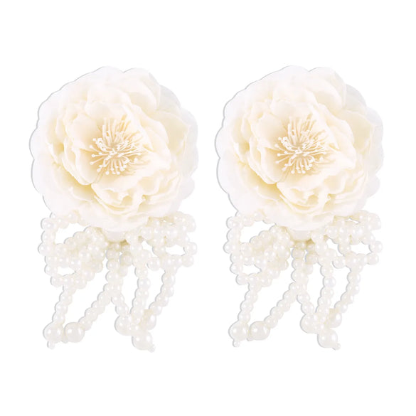 1 Pair Princess Exaggerated Sweet Flower Bow Knot Handmade Imitation Pearl Cloth Fabric Ear Studs