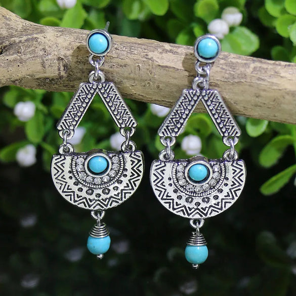 1 Pair Retro Bohemian Color Block Inlay Zinc Alloy Turquoise Drop Earrings