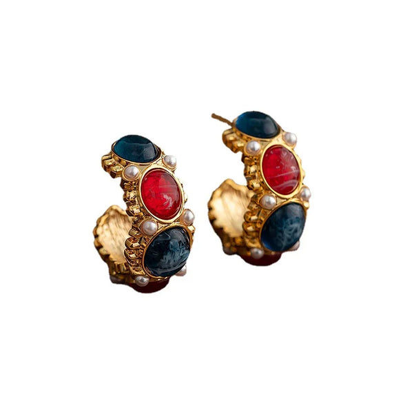 1 Pair Retro C Shape Oval Plating Inlay Alloy Gem Pearl Ear Studs
