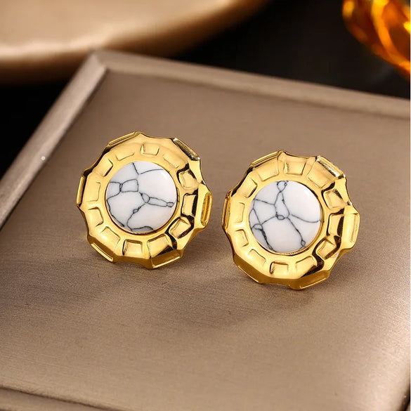 1 Pair Retro Classic Style Round Colorful Plating Inlay 304 Stainless Steel Turquoise Agate Turquoise Agate Pearl 18K Gold Plated Ear Studs