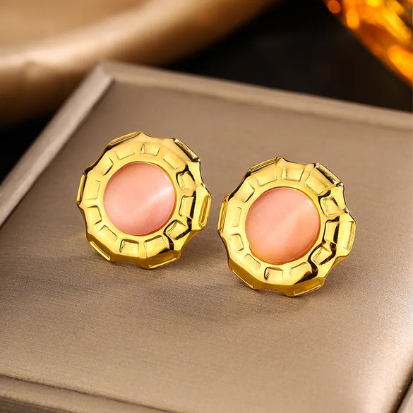 1 Pair Retro Classic Style Round Colorful Plating Inlay 304 Stainless Steel Turquoise Agate Turquoise Agate Pearl 18K Gold Plated Ear Studs