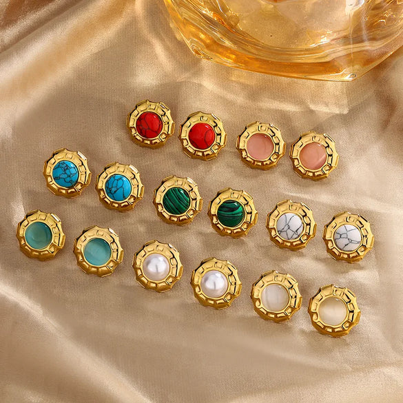1 Pair Retro Classic Style Round Colorful Plating Inlay 304 Stainless Steel Turquoise Agate Turquoise Agate Pearl 18K Gold Plated Ear Studs
