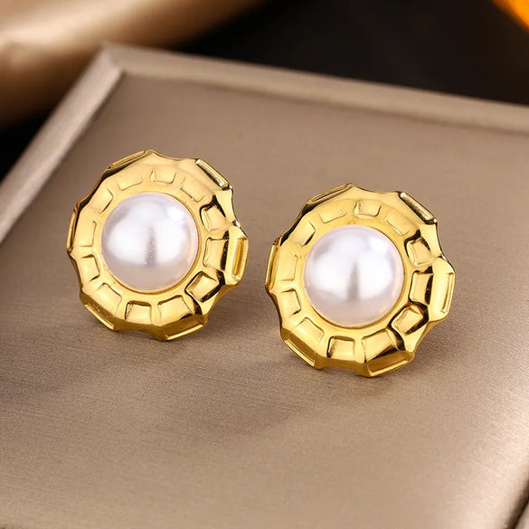 1 Pair Retro Classic Style Round Colorful Plating Inlay 304 Stainless Steel Turquoise Agate Turquoise Agate Pearl 18K Gold Plated Ear Studs