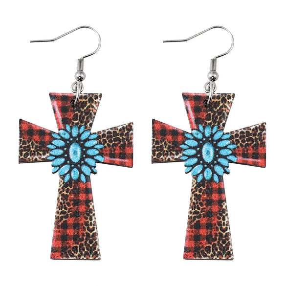 1 Pair Retro Cross Printing Wood Drop Earrings