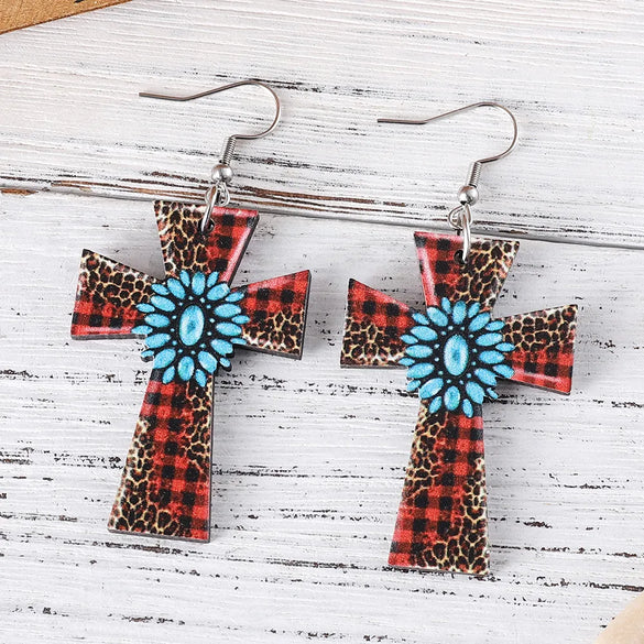 1 Pair Retro Cross Printing Wood Drop Earrings