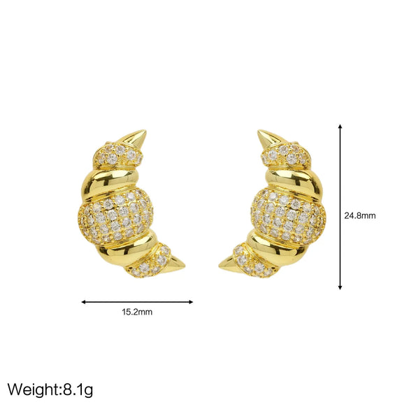 1 Pair Retro French Style Horns Plating Copper Zircon 18K Gold Plated Ear Studs