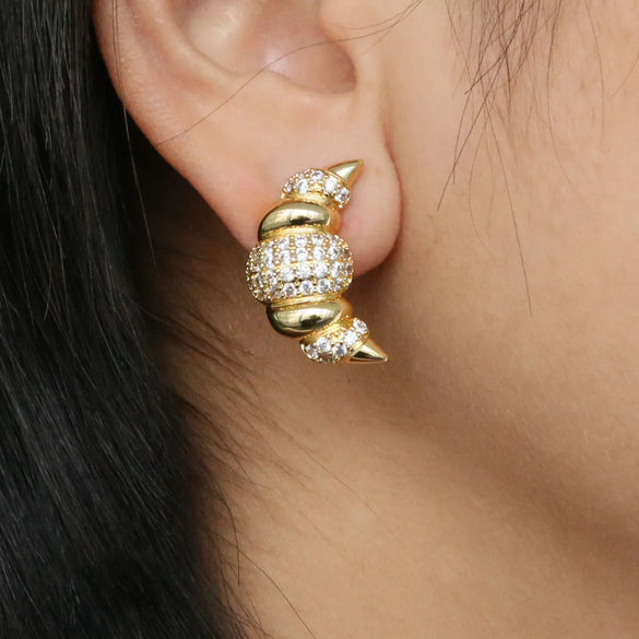 1 Pair Retro French Style Horns Plating Copper Zircon 18K Gold Plated Ear Studs