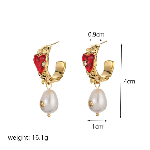 1 Pair Retro Heart Shape Enamel Plating Inlay Copper Freshwater Pearl 18k Gold Plated Drop Earrings