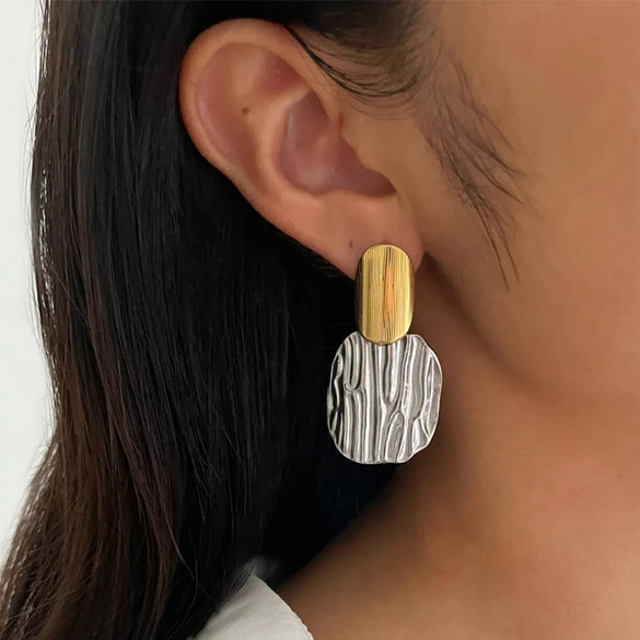 1 Pair Retro Lady French Style Color Block Stripe 316L Stainless Steel  18K Gold Plated Drop Earrings