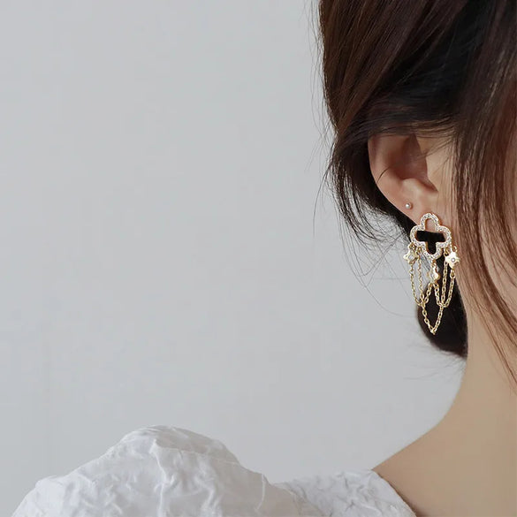 1 Pair Retro Sweet Four Leaf Clover Tassel Plating Inlay Copper Zircon Gold Plated Drop Earrings