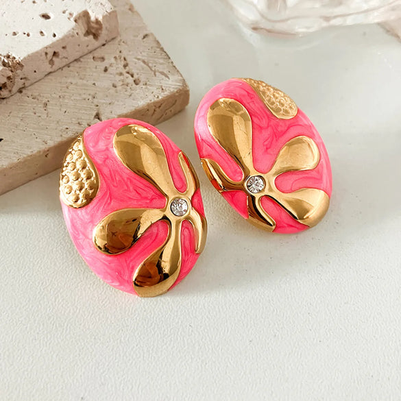 1 Pair Retro Sweet Simple Style Oval Enamel Plating 304 Stainless Steel Zircon 14K Gold Plated Ear Studs