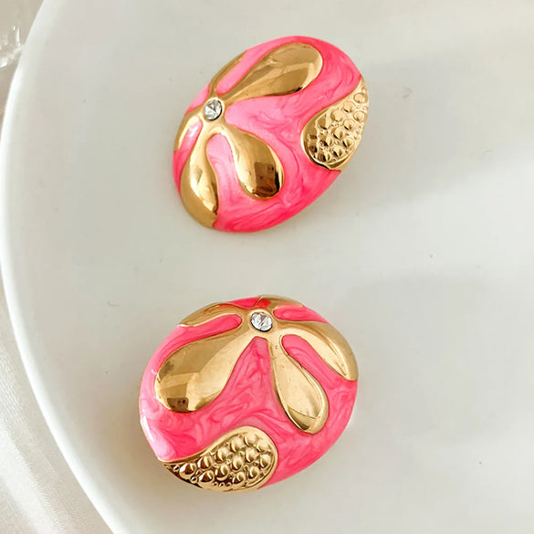 1 Pair Retro Sweet Simple Style Oval Enamel Plating 304 Stainless Steel Zircon 14K Gold Plated Ear Studs