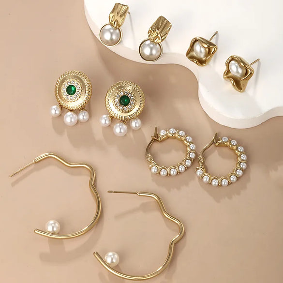 1 Pair Retro XUPING Geometric Round Plating Inlay 304 Stainless Steel Artificial Gemstones Artificial Pearls 18K Gold Plated Ear Studs