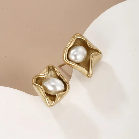 1 Pair Retro XUPING Geometric Round Plating Inlay 304 Stainless Steel Artificial Gemstones Artificial Pearls 18K Gold Plated Ear Studs