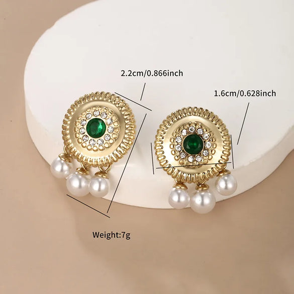 1 Pair Retro XUPING Geometric Round Plating Inlay 304 Stainless Steel Artificial Gemstones Artificial Pearls 18K Gold Plated Ear Studs