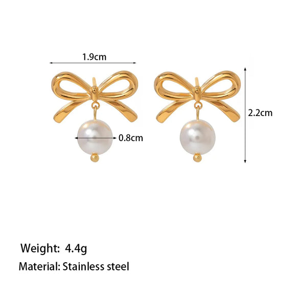 1 Pair Simple Style Bow Knot Shell Polishing Plating Inlay 304 Stainless Steel Pearl 18K Gold Plated Earrings Ear Studs