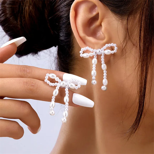 1 Pair Simple Style Classic Style Bow Knot Beaded Imitation Pearl Alloy Ear Studs