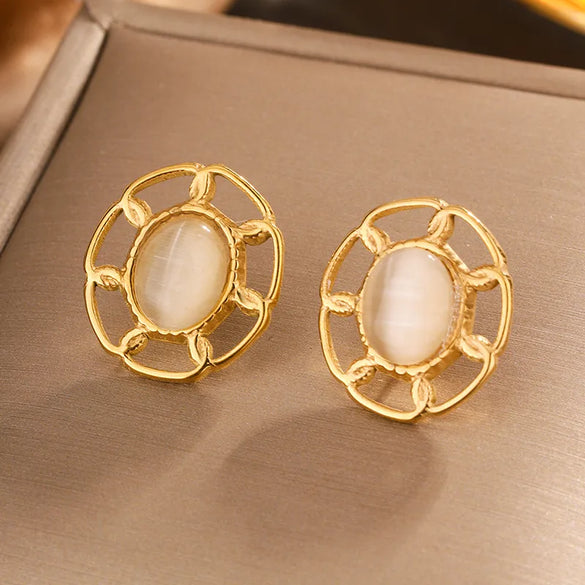 1 Pair Simple Style Commute Oval Plating Hollow Out Inlay 304 Stainless Steel Turquoise Opal Turquoise Opal Pearl 18K Gold Plated Ear Studs