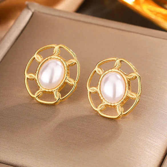 1 Pair Simple Style Commute Oval Plating Hollow Out Inlay 304 Stainless Steel Turquoise Opal Turquoise Opal Pearl 18K Gold Plated Ear Studs