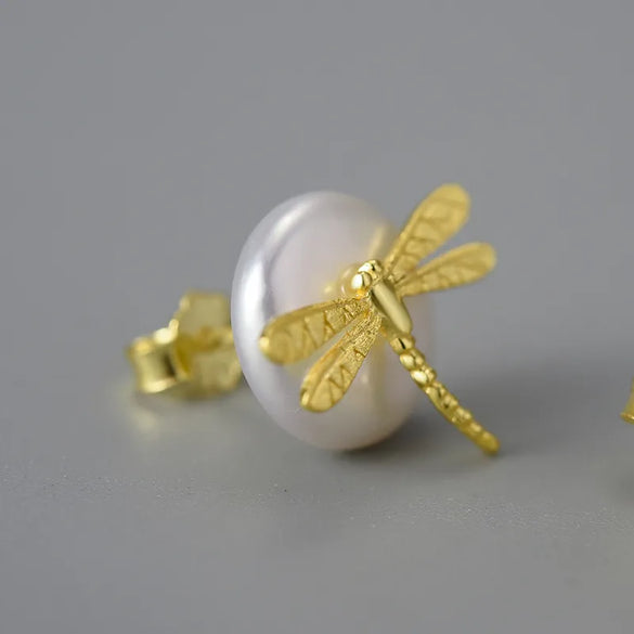 1 Pair Simple Style Dragonfly Plating Freshwater Pearl Sterling Silver Ear Studs