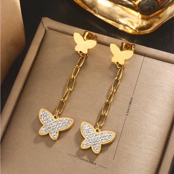 1 Pair Simple Style IG Style Pentagram Heart Shape Butterfly Inlay 304 Stainless Steel Artificial Pearl Shell Rhinestones Pearl Shell 18K Gold Plated Drop Earrings