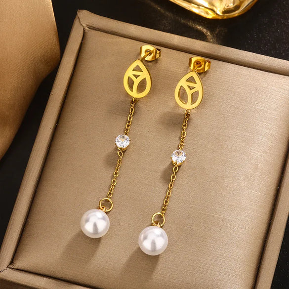 1 Pair Simple Style IG Style Pentagram Heart Shape Butterfly Inlay 304 Stainless Steel Artificial Pearl Shell Rhinestones Pearl Shell 18K Gold Plated Drop Earrings