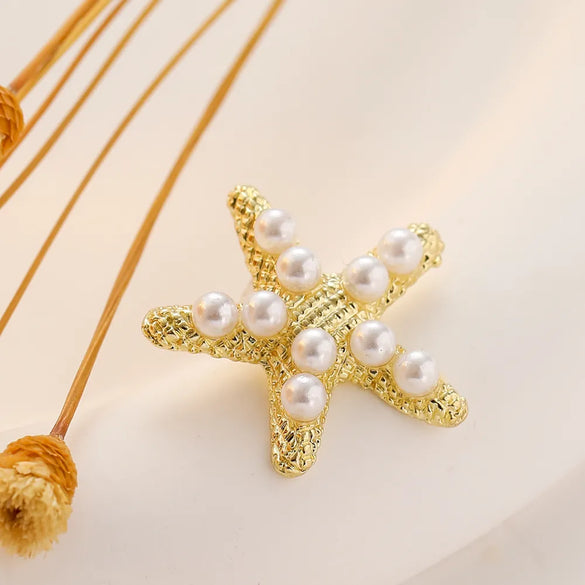 1 Pair Simple Style Starfish Inlay Alloy Artificial Pearls 14K Gold Plated Ear Studs