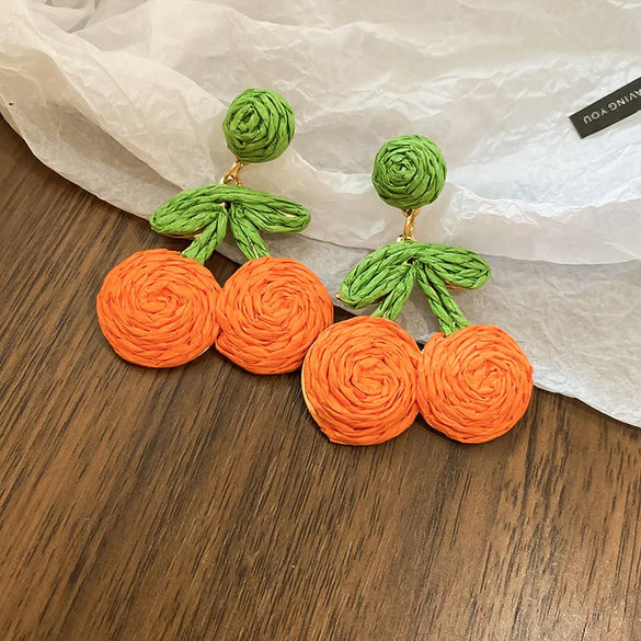 1 Pair Sweet Cherry Knitting Alloy Raffia Drop Earrings