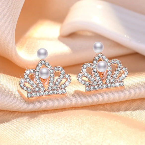 1 Pair Sweet Leaf Crown Bow Knot Imitation Pearl Copper Inlay Rhinestones Earrings