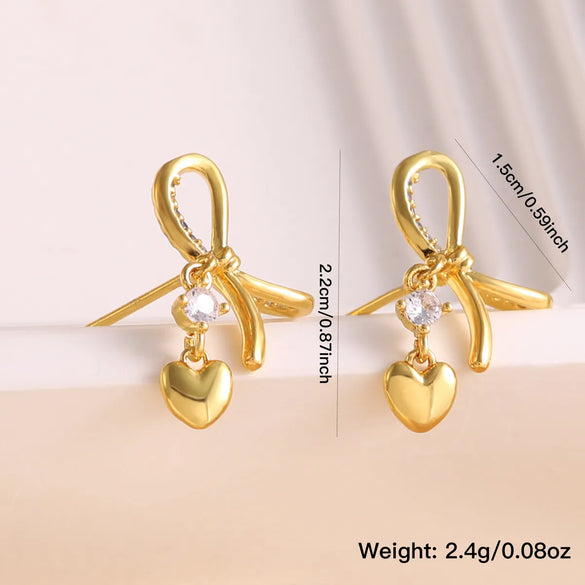 1 Pair Sweet Simple Style Heart Shape Bow Knot Plating Inlay Copper Zircon 18K Gold Plated Drop Earrings