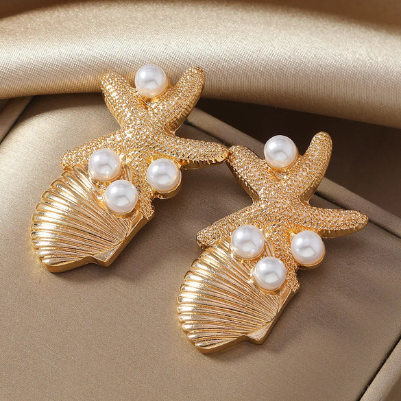 1 Pair Vacation Beach Tropical Scallop Starfish Zinc Alloy Pearl Gold Plated Ear Studs