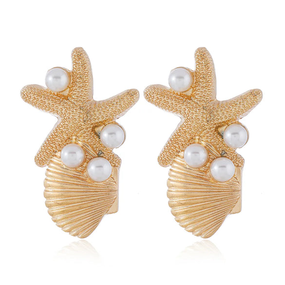 1 Pair Vacation Beach Tropical Scallop Starfish Zinc Alloy Pearl Gold Plated Ear Studs