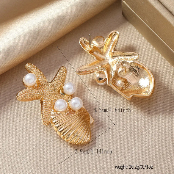 1 Pair Vacation Beach Tropical Scallop Starfish Zinc Alloy Pearl Gold Plated Ear Studs