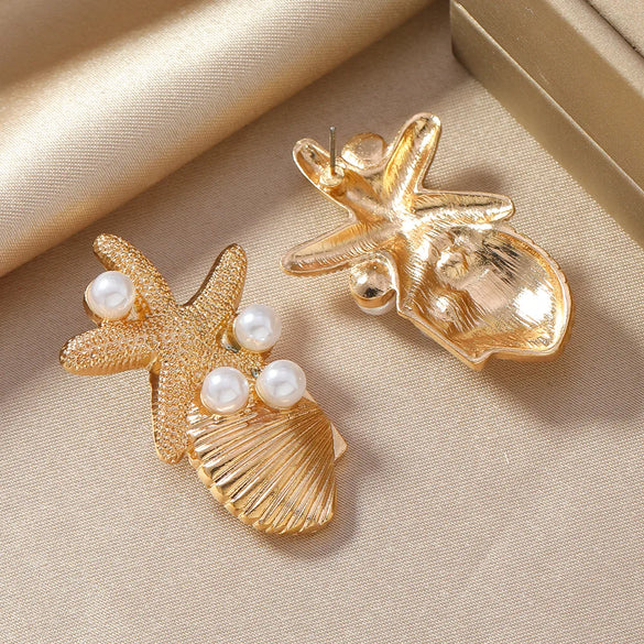1 Pair Vacation Beach Tropical Scallop Starfish Zinc Alloy Pearl Gold Plated Ear Studs