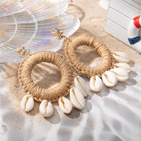 1 Pair Vacation Bohemian Beach Round Shell Braid Alloy Shell Drop Earrings