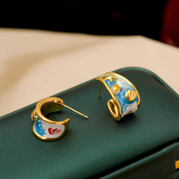 1 Pair Vacation Marine Style Beach Scallop Starfish Epoxy Plating Inlay Copper Freshwater Pearl 18K Gold Plated Ear Studs