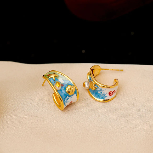 1 Pair Vacation Marine Style Beach Scallop Starfish Epoxy Plating Inlay Copper Freshwater Pearl 18K Gold Plated Ear Studs