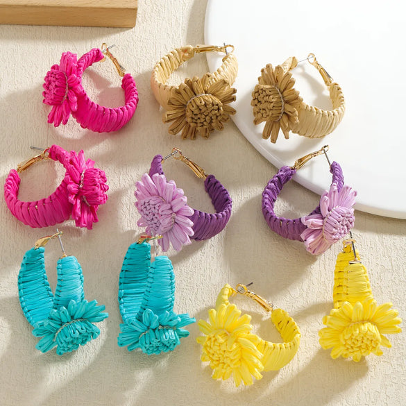 1 Pair Vacation Simple Style Flower Alloy Raffia Earrings