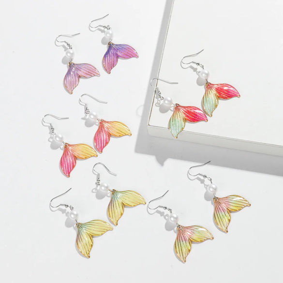 1 Pair Vacation Sweet Color Block Fish Tail Arylic Imitation Pearl Drop Earrings