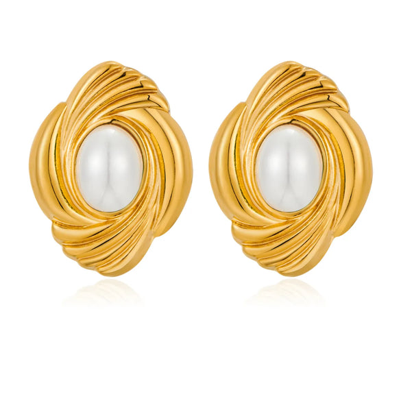 1 Pair Vintage Style Baroque Style MAMA Oval Plating Inlay 304 Stainless Steel Artificial Pearls Natural Stone 18K Gold Plated Ear Studs