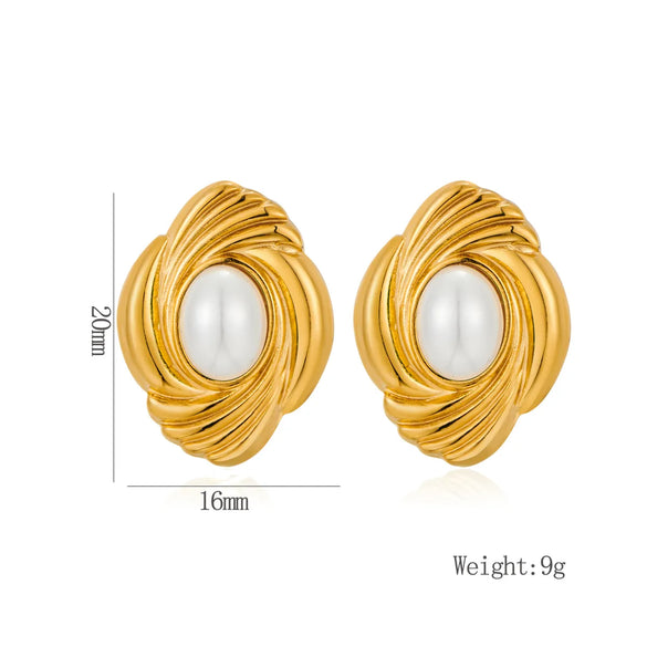 1 Pair Vintage Style Baroque Style MAMA Oval Plating Inlay 304 Stainless Steel Artificial Pearls Natural Stone 18K Gold Plated Ear Studs