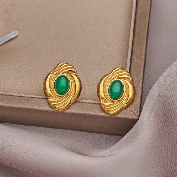 1 Pair Vintage Style Baroque Style MAMA Oval Plating Inlay 304 Stainless Steel Artificial Pearls Natural Stone 18K Gold Plated Ear Studs