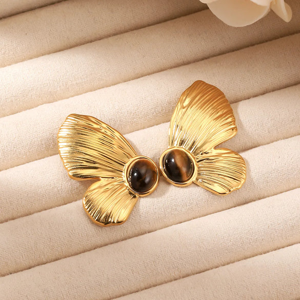 1 Pair Vintage Style Butterfly Inlay 304 Stainless Steel Natural Stone 18K Gold Plated Ear Studs
