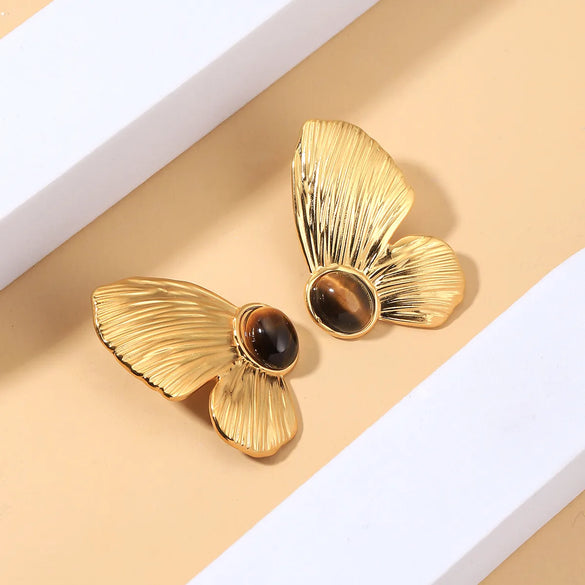 1 Pair Vintage Style Butterfly Inlay 304 Stainless Steel Natural Stone 18K Gold Plated Ear Studs